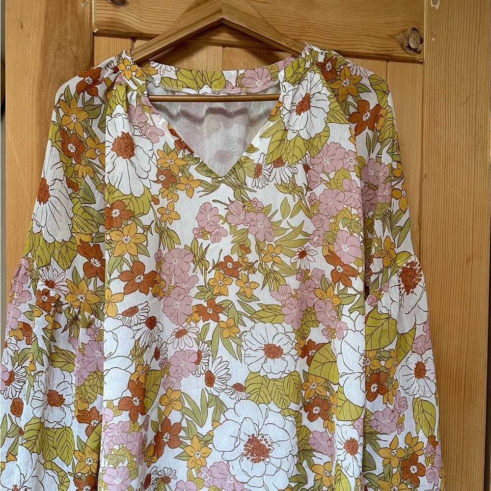 Cream Color Flowers Blouse with Lining, Long Sleeve-NWT